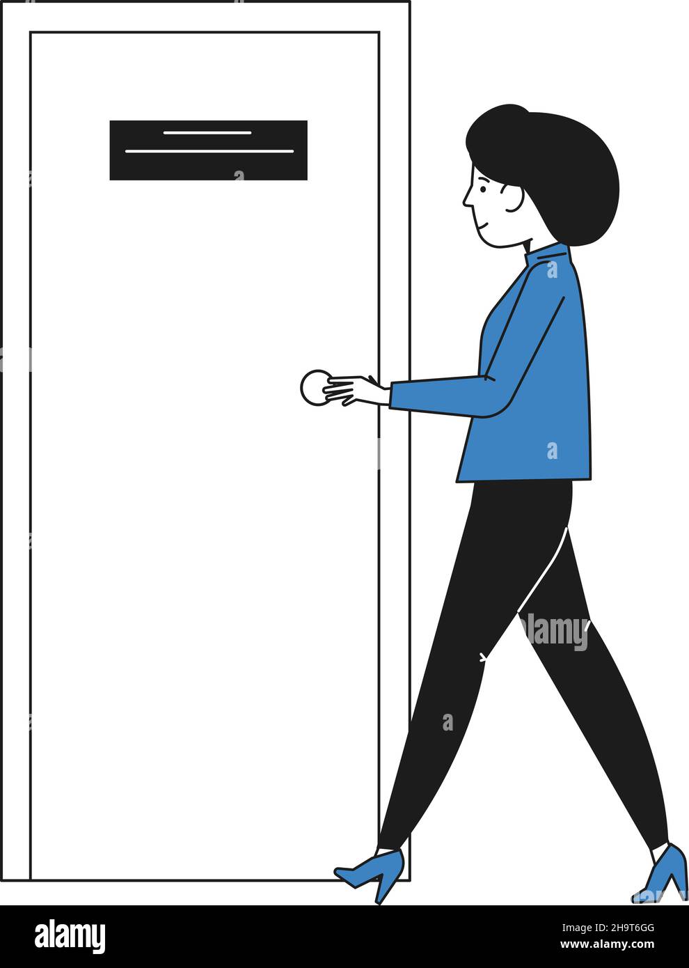 Une femme ouvre la porte.Personne arrivant au bureau ou entrant dans la chambre Illustration de Vecteur