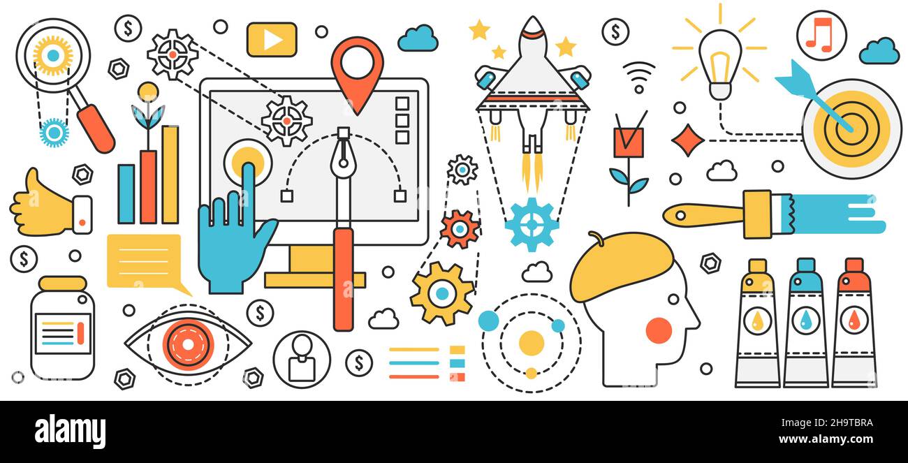 Service d'optimisation d'applications Web.Développement de sites Web, seo et marketing numérique, interface réactive aux applications et technologie logicielle dans la bannière conceptuelle d'infographie, conception d'œuvres d'art en ligne fine Illustration de Vecteur