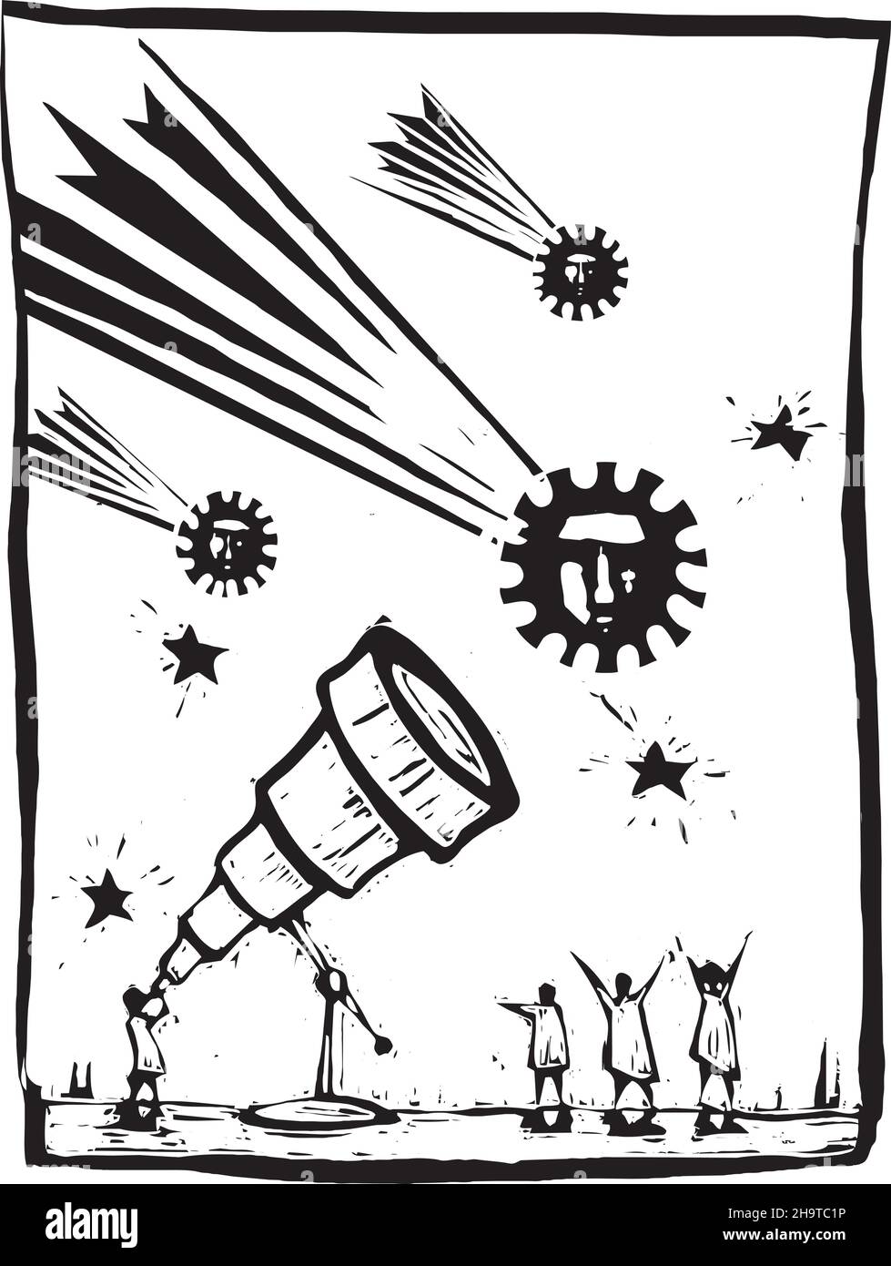 Illustration expressionniste de style boisée des personnes utilisant des télescopes pour des montres qui ressemblent à des spores pandémiques de covid Illustration de Vecteur