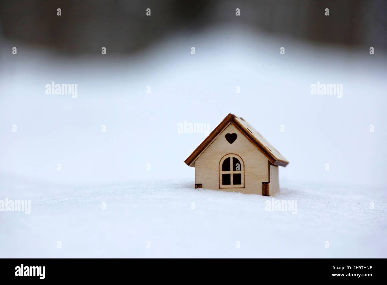 Modèle de maison en bois dans la neige.Concept de chalet de campagne, recherche de logements en hiver, immobilier en zone écologiquement propre Banque D'Images