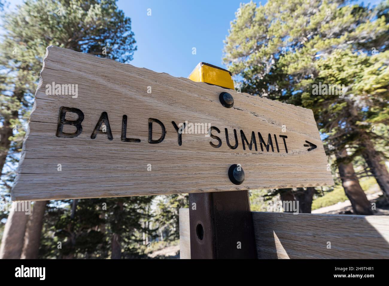 Panneau de signalisation de la piste du sommet du Mont Baldy dans les montagnes San Gabriel près de Los Angeles, Californie. Banque D'Images