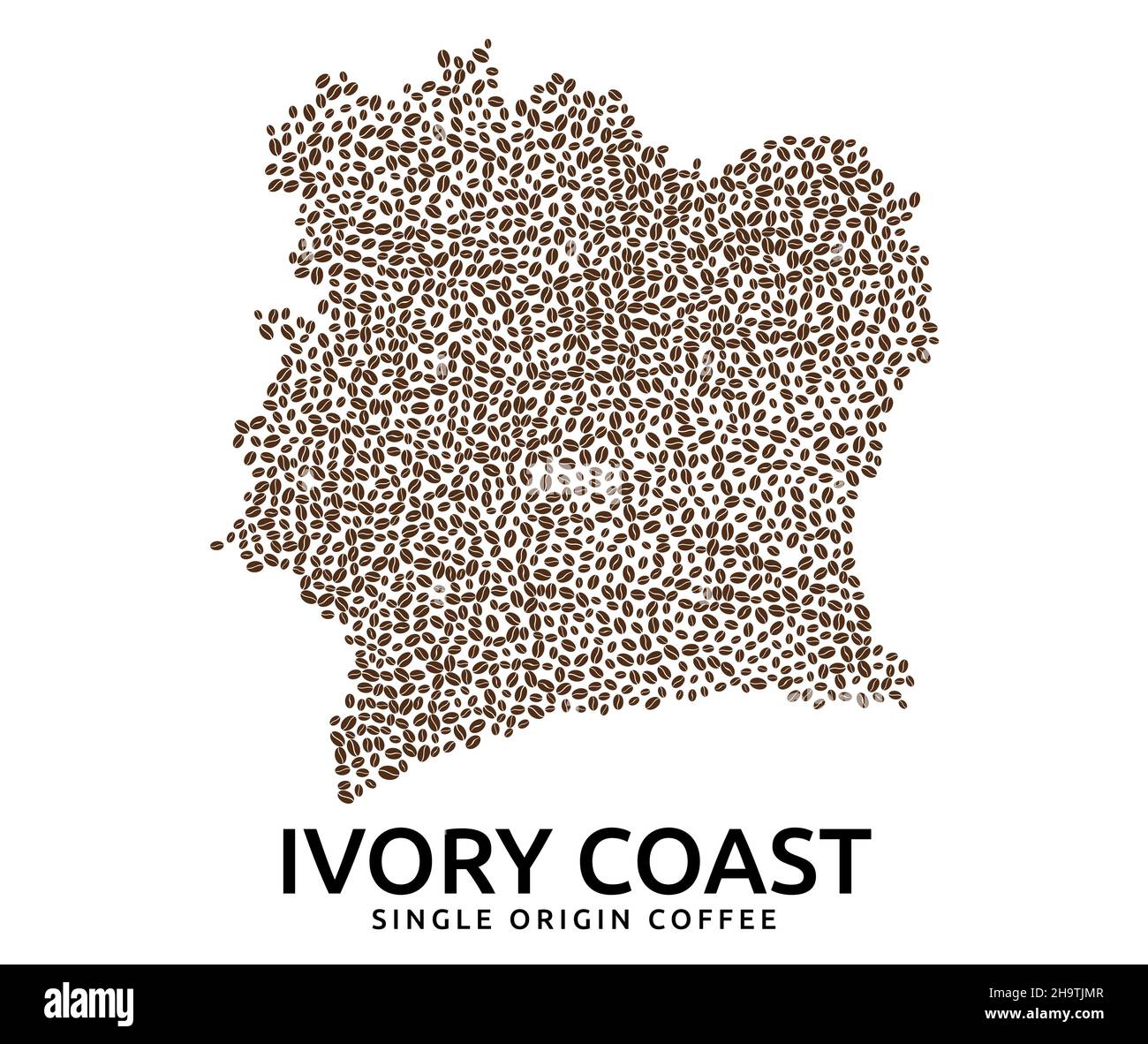 Forme de la Côte d'Ivoire carte faite de grains de café éparpillés, nom de pays ci-dessous Illustration de Vecteur