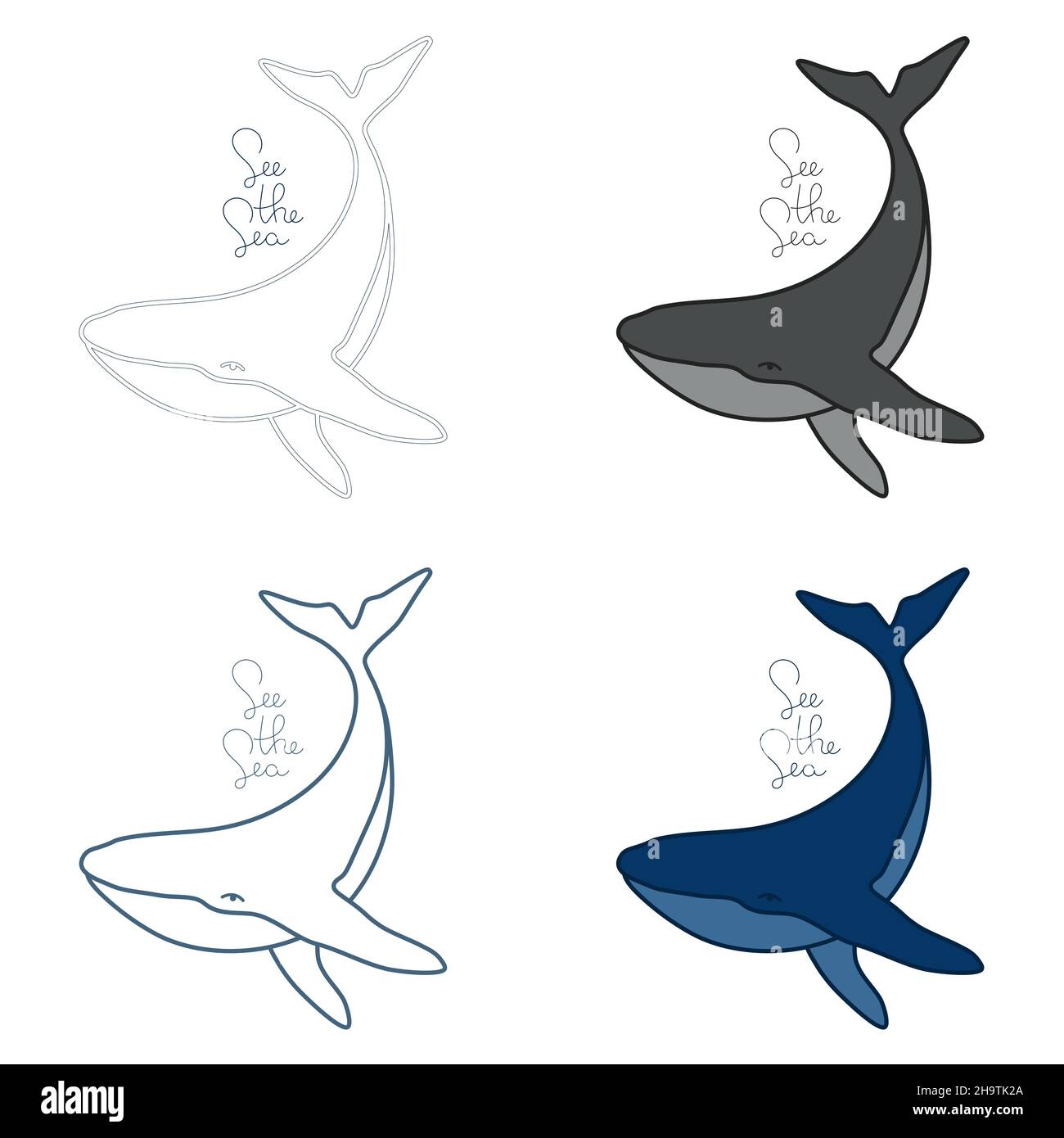 Ensemble de quatre baleines à bosse avec une phrase dessinée à la main minimaliste contour simple illustration du logo vectoriel.Dessin de baleine à contour isolé sur fond blanc Illustration de Vecteur