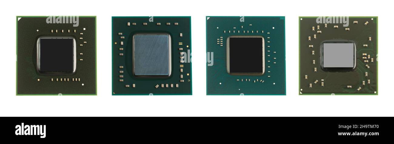 puce, microcircuit, processeurs sur fond blanc isolé, vue de dessus Banque D'Images