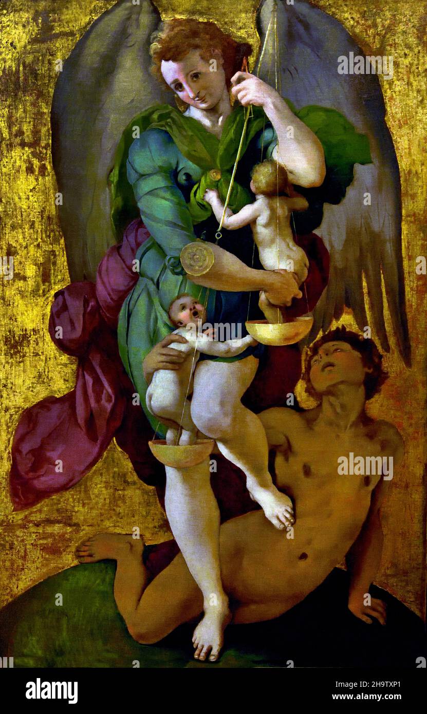 St Michel et le diable, 1525-8 Agnolo di Cosimo, appelé Bronzino (1503-72), Italie, Italien. (Saint Michel vantant Satan, Archange Michel debout sur le dos de Satan avec son pied droit, tout en tenant une lance dans ses mains. Devel, ) Agnolo di Cosimo, dit il Bronzino, 1503-1752 Banque D'Images