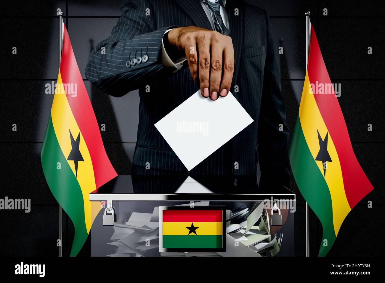 Drapeaux du Ghana, carte de vote à lâcher - concept électoral - illustration de 3D Banque D'Images