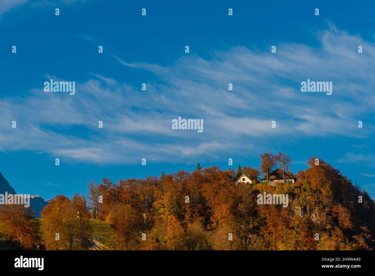 Belles couleurs d'automne et une maison isolée sur une colline dans la région de vacances Bavarian APLs, Berchtesgaden, haute-Bavière, sud de l'Allemagne, Europe Banque D'Images
