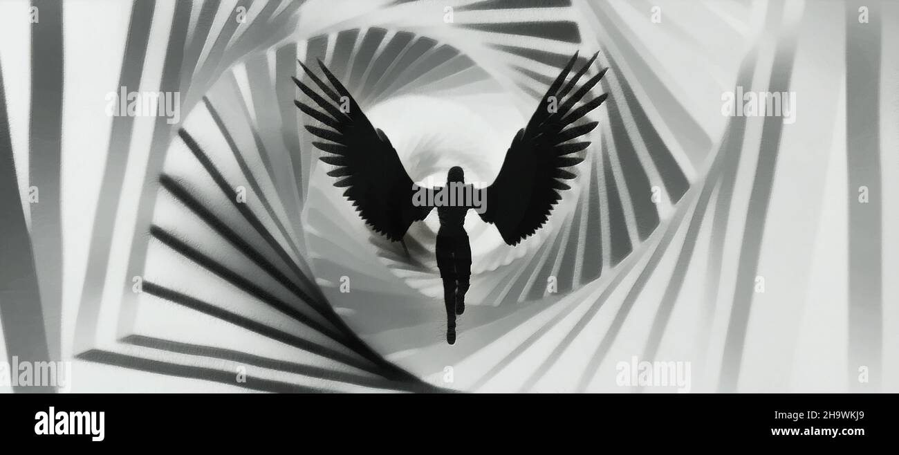Silhouette d'un ange sur l'arrière-plan du portail.Spirale abstraite.Arrière-plan noir et blanc Banque D'Images