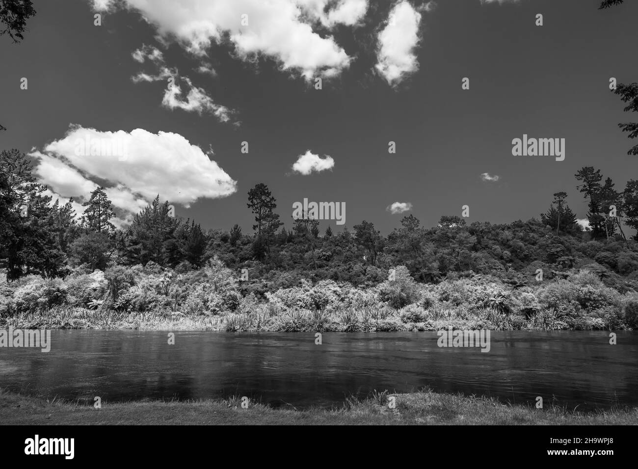 Paysage de la rivière Waikato près des chutes Huka en noir et blanc, Taupo, Bay of Plenty, Nouvelle-Zélande. Banque D'Images