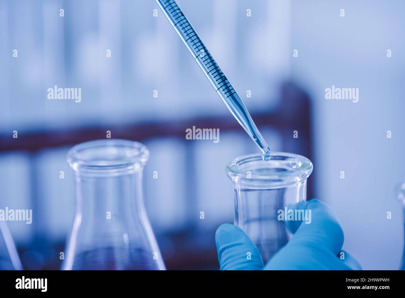 Médecin ou scientifique utilisant une pipette pour déposer un échantillon tube à essai en laboratoire de recherche médicale ou en laboratoire scientifique Banque D'Images