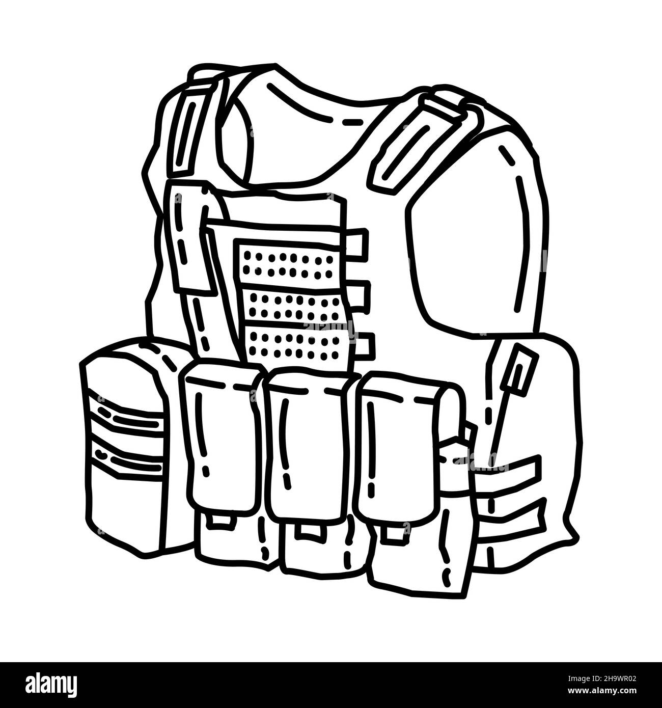 Gilet de combat de l'armée fait partie des équipements militaires et de la force de l'armée dessin à la main Icon Set Vector. Illustration de Vecteur