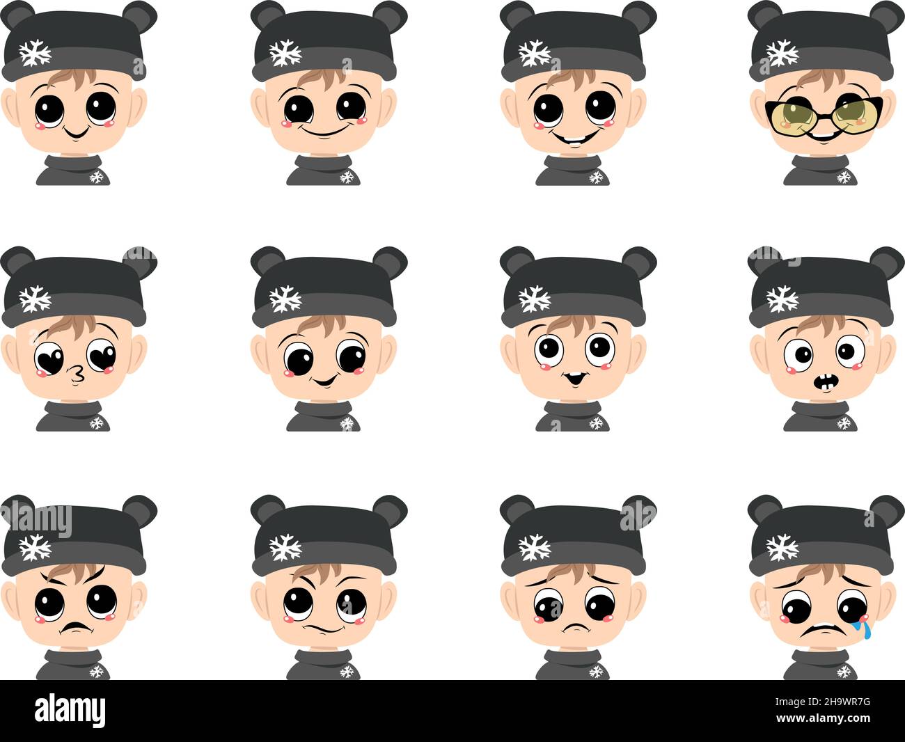 Ensemble d'avatar de bébé avec de grands yeux et un grand sourire et différentes émotions dans le chapeau d'ours avec flocon de neige.Enfant mignon avec un visage joyeux, triste ou en colère en hiver.Tête d'adorable enfant Illustration de Vecteur