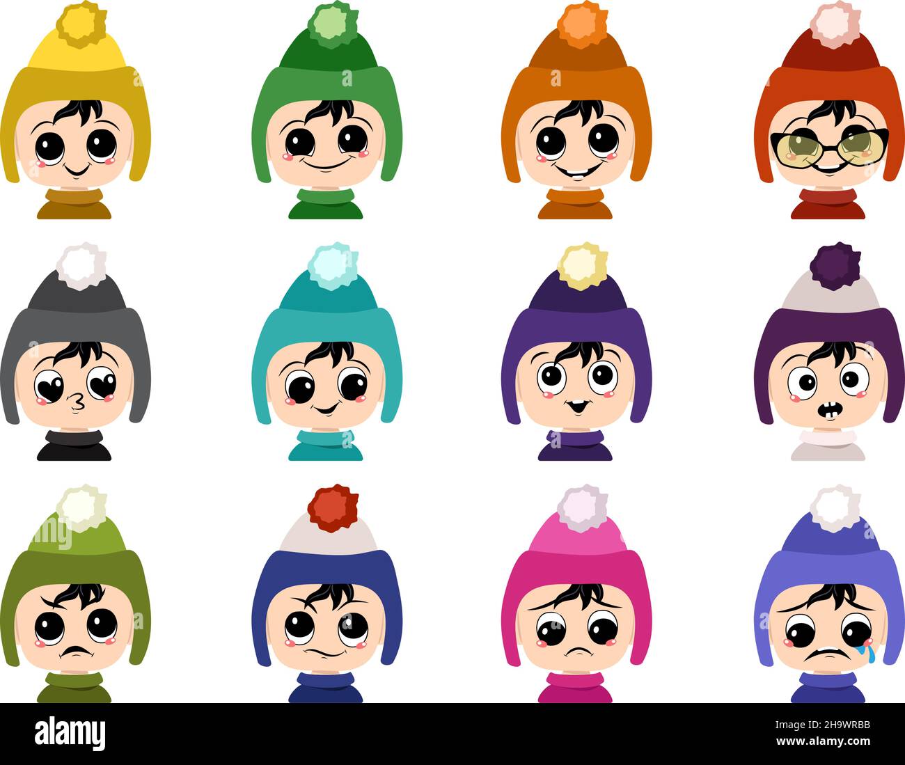 Ensemble d'avatar de bébé avec de grands yeux et un large sourire et différentes émotions dans le chapeau avec pompon.Enfant mignon avec un visage joyeux, triste ou en colère en hiver Illustration de Vecteur