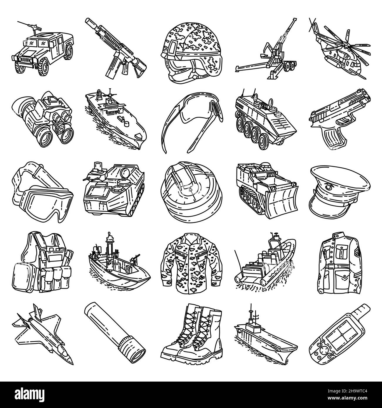 Equipments de corps militaire et de Marine ensemble d'icônes dessinées à la main Vector. Illustration de Vecteur