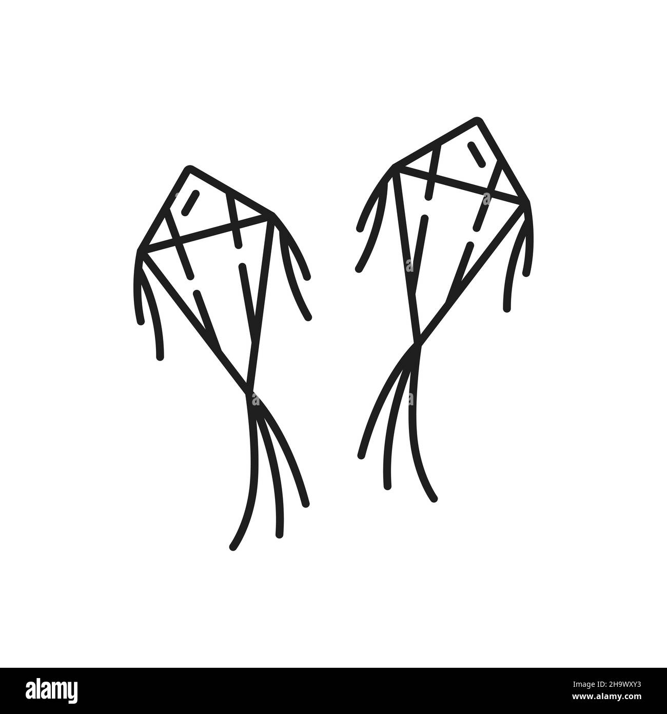 Deux cerfs-volants avec cordes isolé symbole de fête d'été icône de contour.Vecteur kitesurf objet volant, loisir sport activité divertissement en amu Illustration de Vecteur