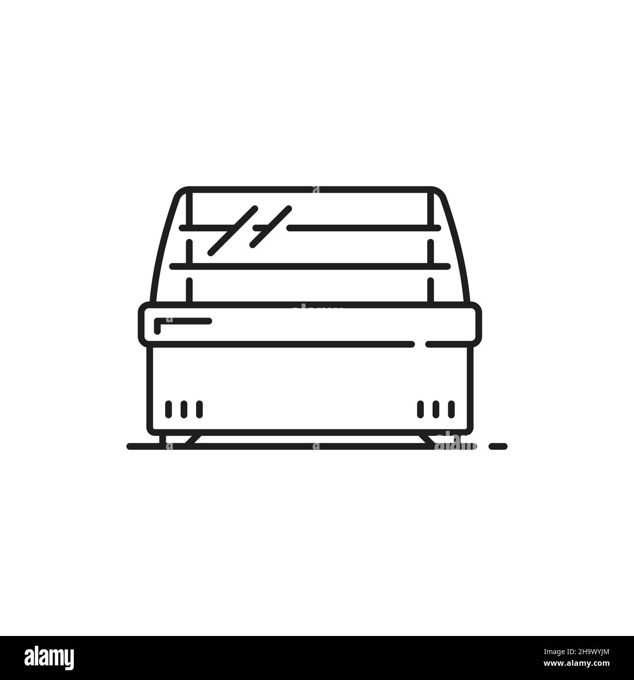 Icône de contour isolé du congélateur à crème glacée.Vitrine horizontale Vector pour réfrigérateur avec porte en verre pour une exposition dans une épicerie, un supermarché ou un café.Moderne s Illustration de Vecteur