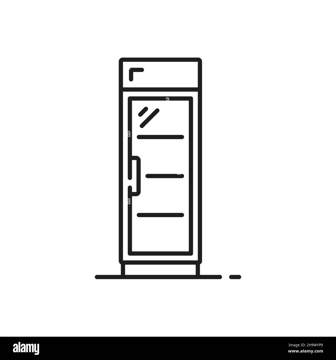 Congélateur à eau avec porte en verre icône de contour isolée.Vitrine de réfrigérateur vertical Vector avec exposition dans une épicerie, un supermarché ou un café.Moderne Illustration de Vecteur