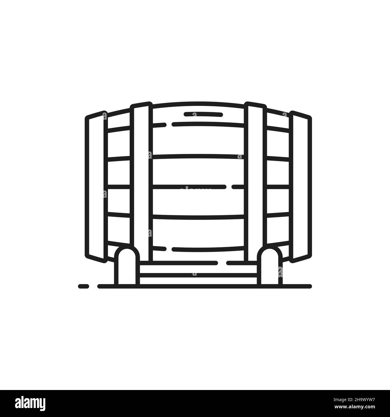Baril de bière allemande boissons, fût de vin isolé monochrome ligne fine icône.Réservoir Vector avec produits vinicoles, contenant rétro sur support en bois, chêne cas Illustration de Vecteur