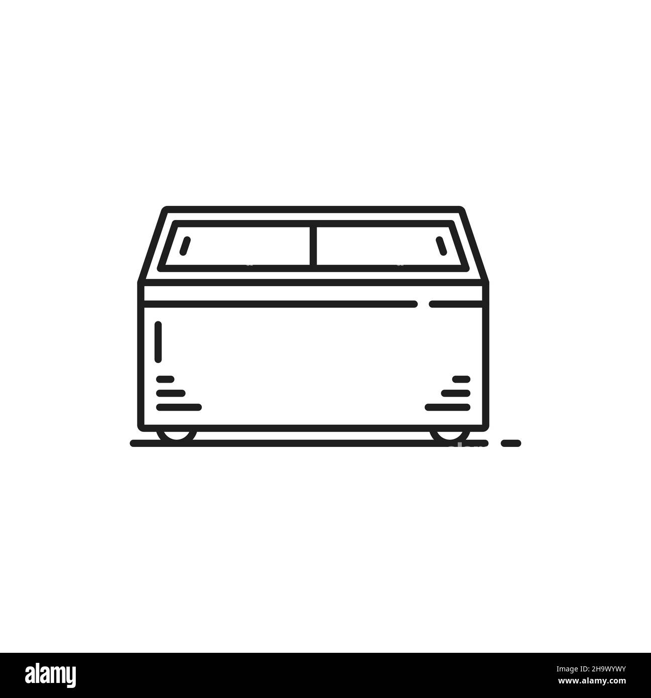 Icône représentant un réfrigérateur-congélateur horizontal dans un supermarché.Vitrine de réfrigérateur Vector avec porte en verre pour une exposition dans une épicerie, un bar ou un café Illustration de Vecteur