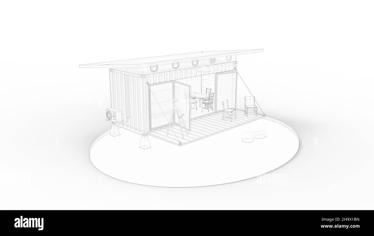 Rendu 3D d'une petite maison de petit logement durable.Petit boîtier respectueux de l'environnement. Banque D'Images