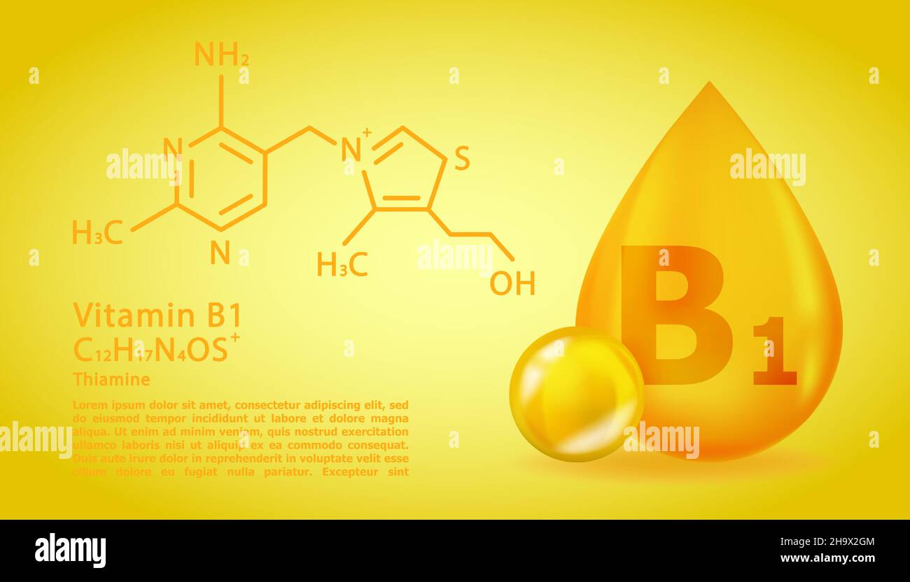 Realistic B1 Thiamine vitamine Drop avec formule chimique structurelle.3D molécule de vitamine B1 conception de la thiamine.Capsule de pilule. Illustration de Vecteur