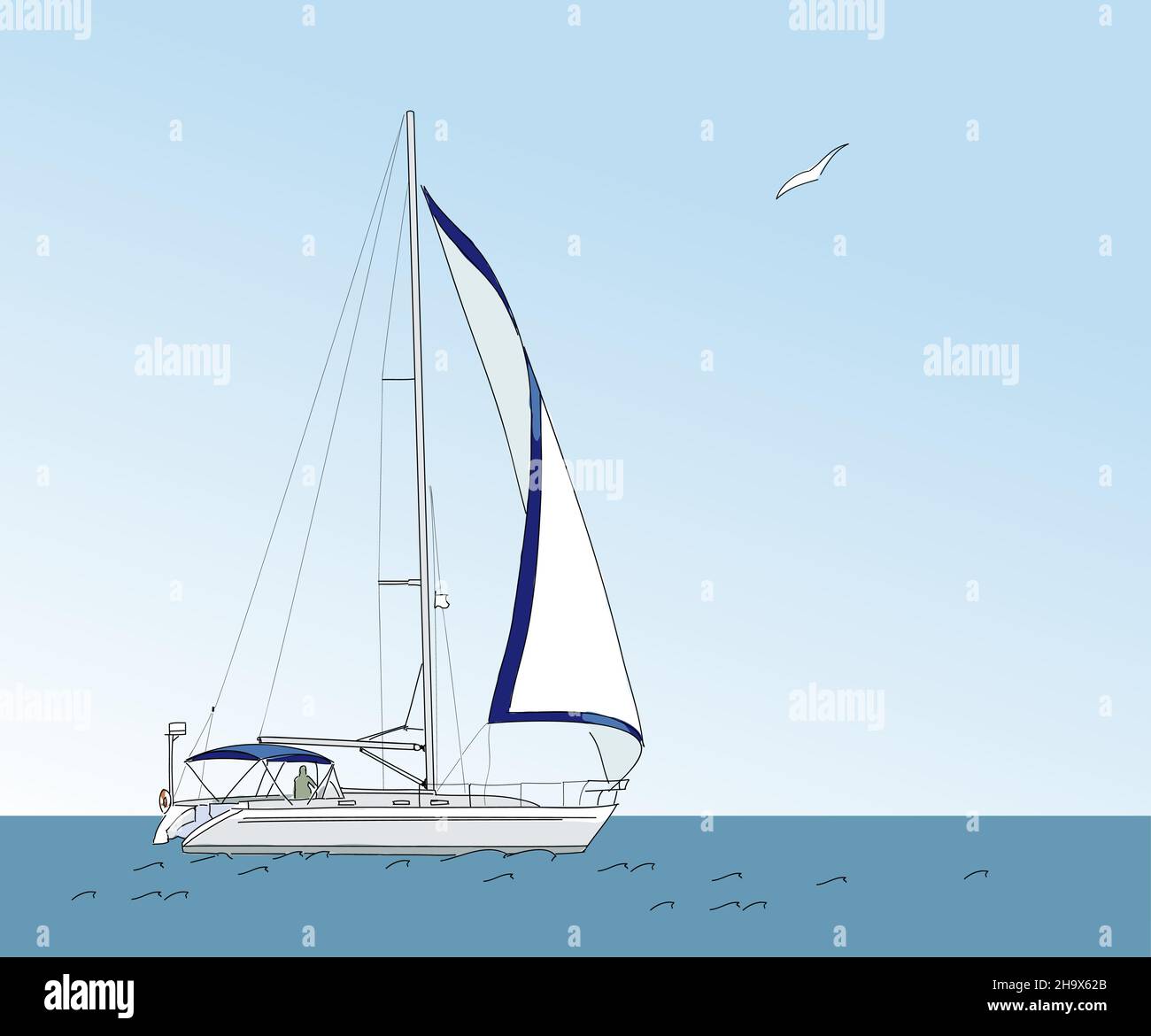 Yacht dans la mer sur un fond de ciel bleu.Illustration vectorielle. Illustration de Vecteur