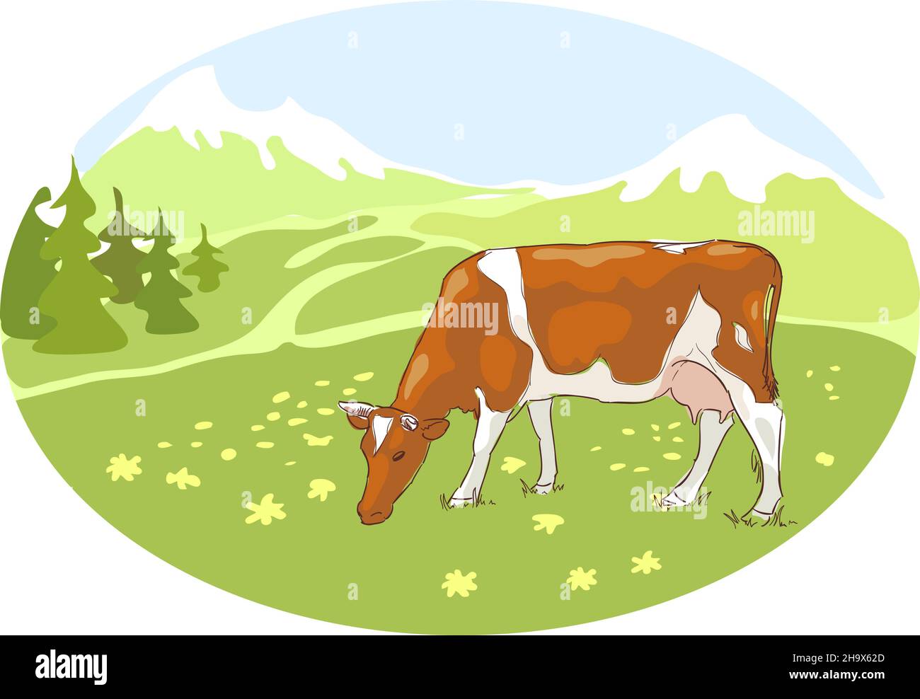 La vache blanche et rouge est grasée sur la prairie alpine.Illustration vectorielle. Illustration de Vecteur