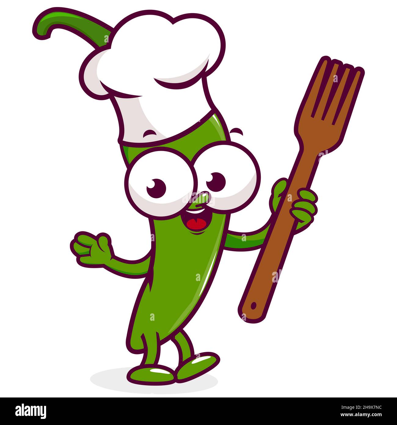 Un cuisinier drôle de piment de dessin animé avec un chapeau de chef tenant une fourchette de cuisson. Légumes épicés, une mascotte de cuisinier au poivre vert jalapeno. Banque D'Images