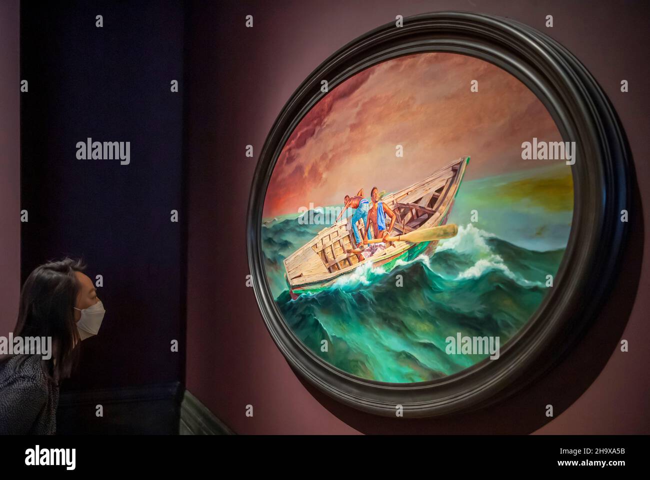 The National Gallery, Londres, Royaume-Uni.8 décembre 2021.Kehinde Wiley: Aperçu de l'exposition Prelude.Wiley est un artiste américain plus connu pour ses portraits avec des personnes de couleur dans le cadre traditionnel des peintures de l'ancien Maître et le premier artiste noir à peindre un portrait officiel d'un président des Etats-Unis, Barack Obama, en 2017.dans cette exposition,Wiley se concentre sur la tradition européenne de la peinture de paysage.Crédit: Malcolm Park/Alay Banque D'Images