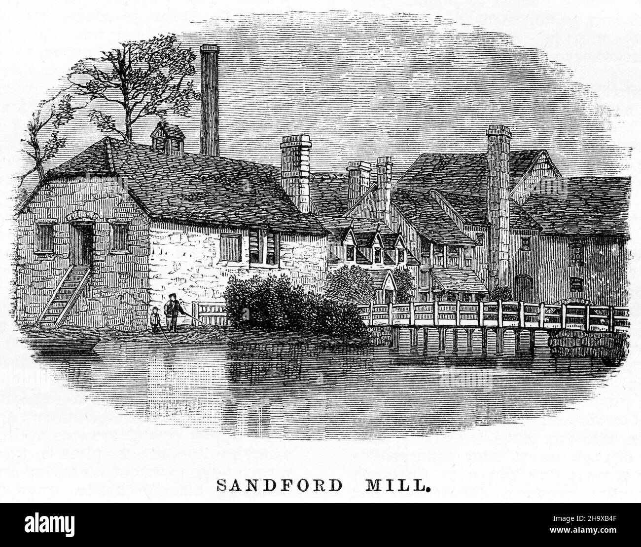 Gravure de Sandford Mill, Angleterre, d'un guide de pêche pour la Tamise, vers 1880.L'ancien moulin à maïs est maintenant un musée. Banque D'Images