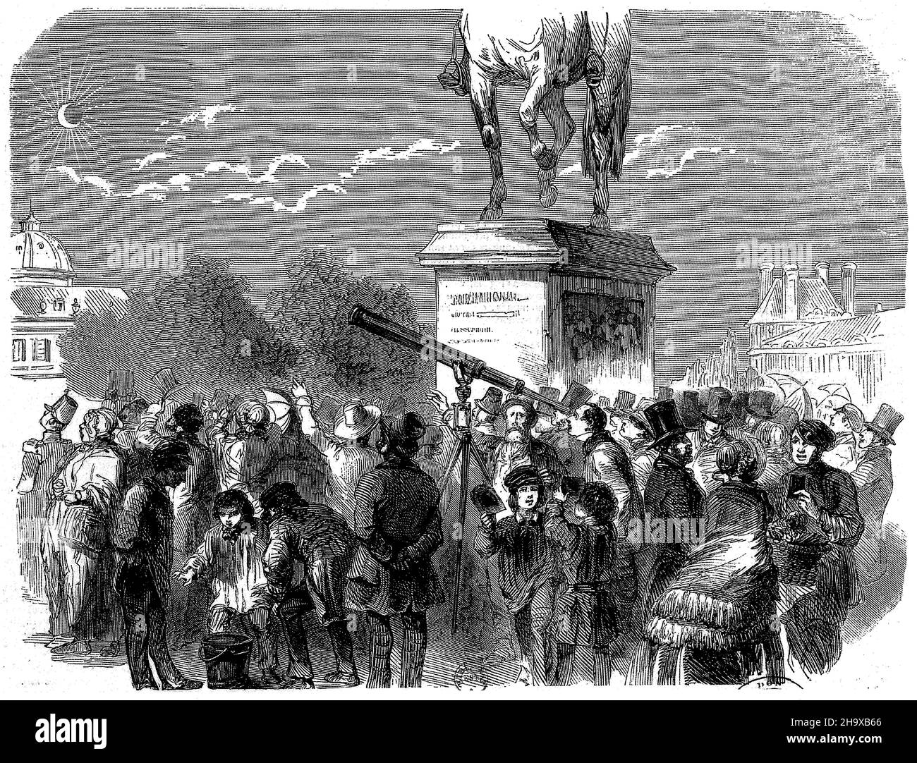 Gravure de personnes regardant une éclipse partielle à Paris, 28 juillet 1851 Banque D'Images