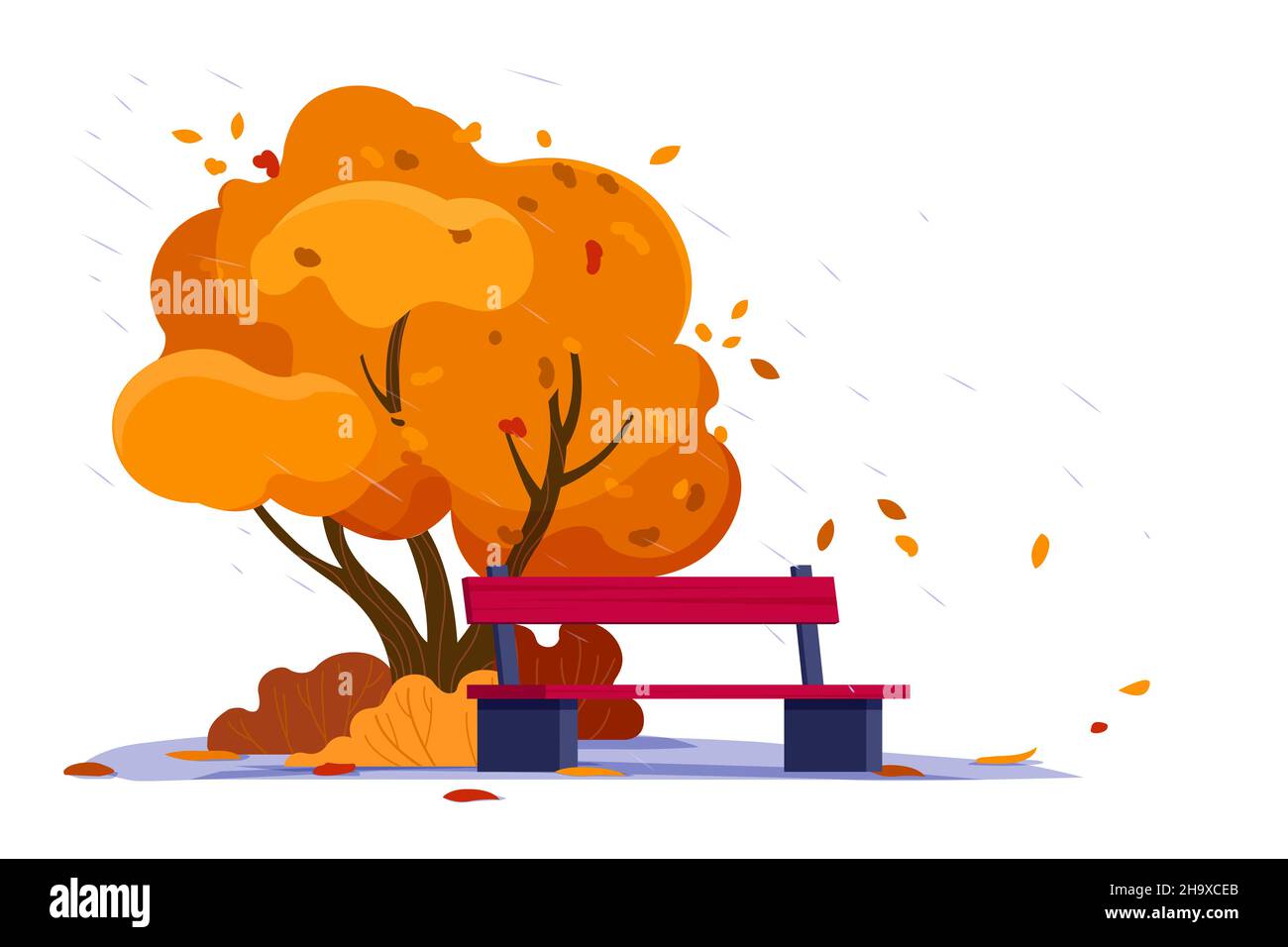 Scène extérieure d'automne avec arbre et banc Illustration de Vecteur