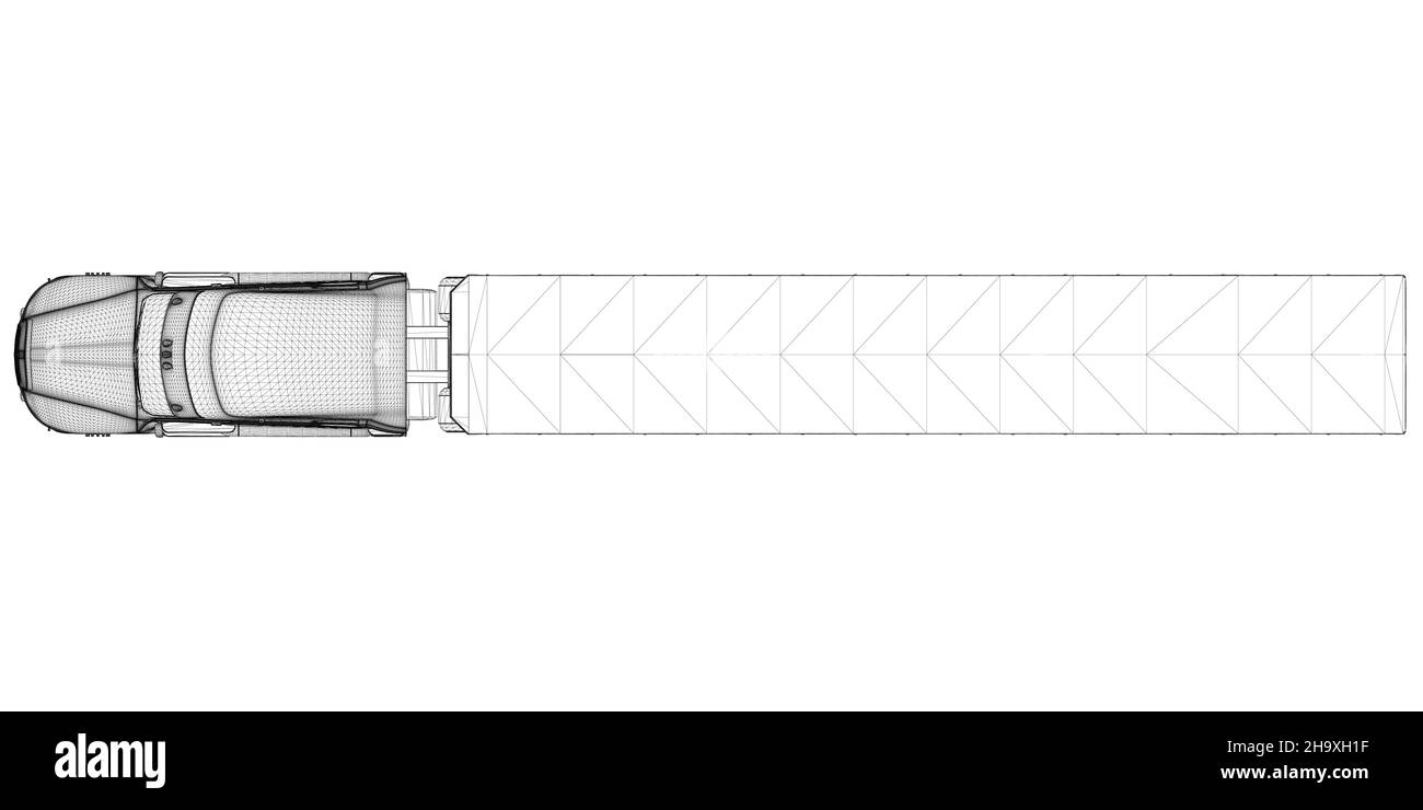 Image filaire d'un chariot avec une remorque à partir de lignes noires isolées sur un fond blanc.Vue de dessus.3D.Illustration vectorielle. Illustration de Vecteur