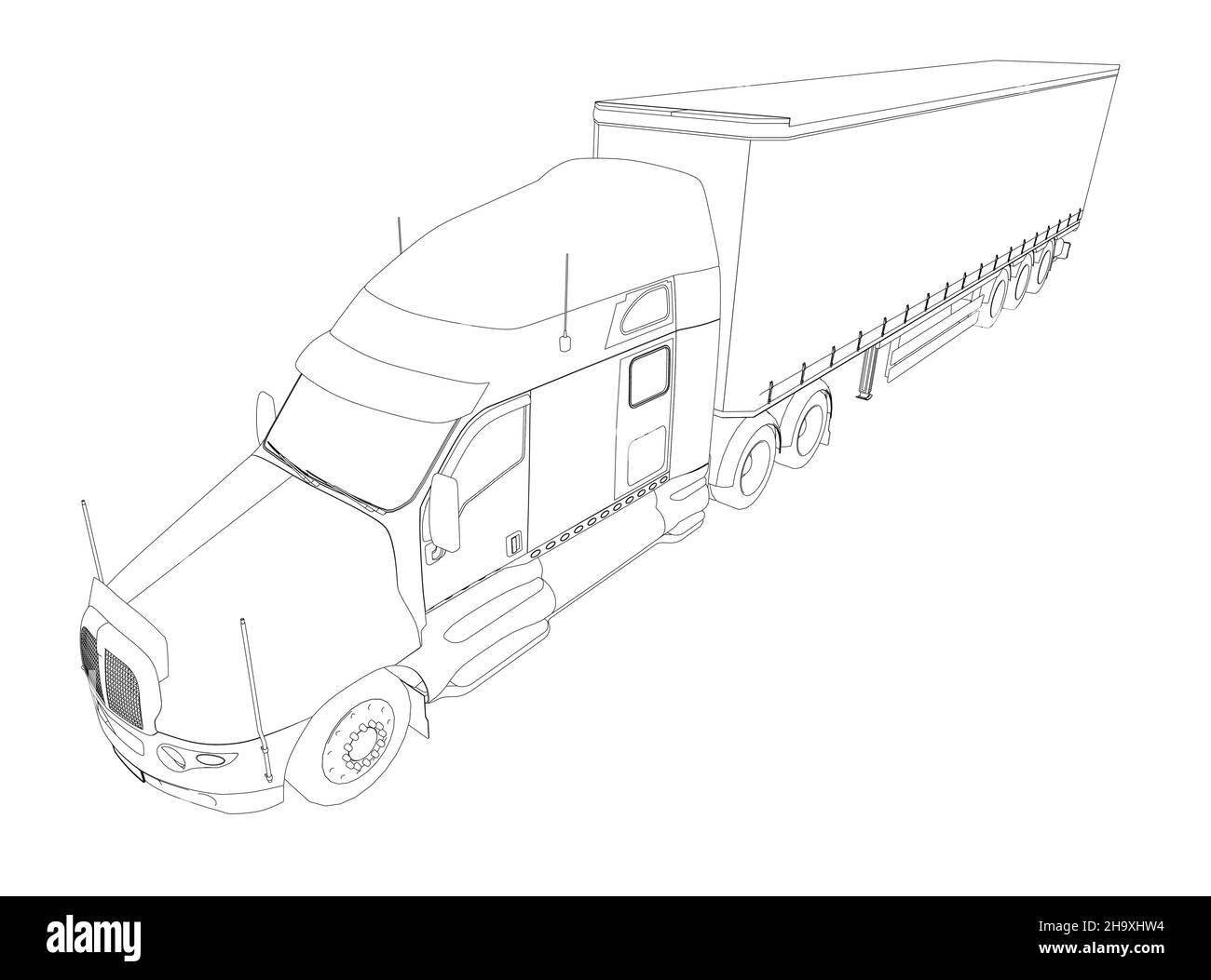 Contour d'un camion avec un wagon à partir de lignes noires isolées sur un fond blanc.Vue en perspective.Illustration vectorielle. Illustration de Vecteur