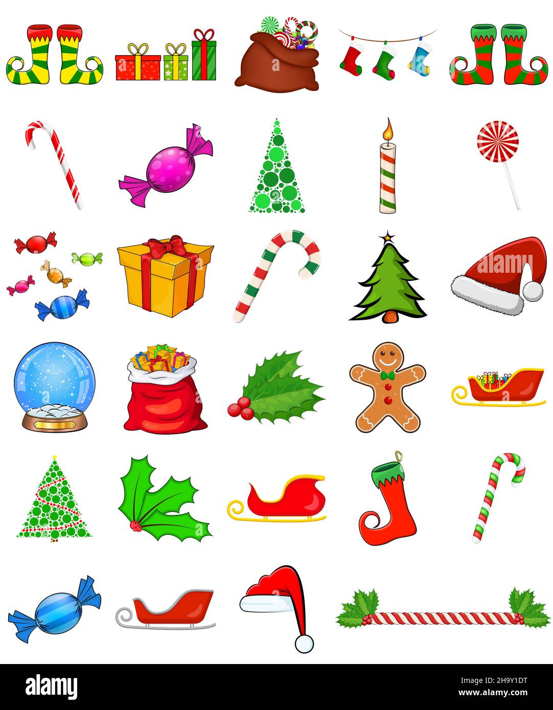 Collection de symboles de Noël.Grand ensemble d'icônes de Noël.Illustrations de dessins animés de saison isolées sur blanc.Décoration et décorations de Noël. Boule de neige, sa Illustration de Vecteur