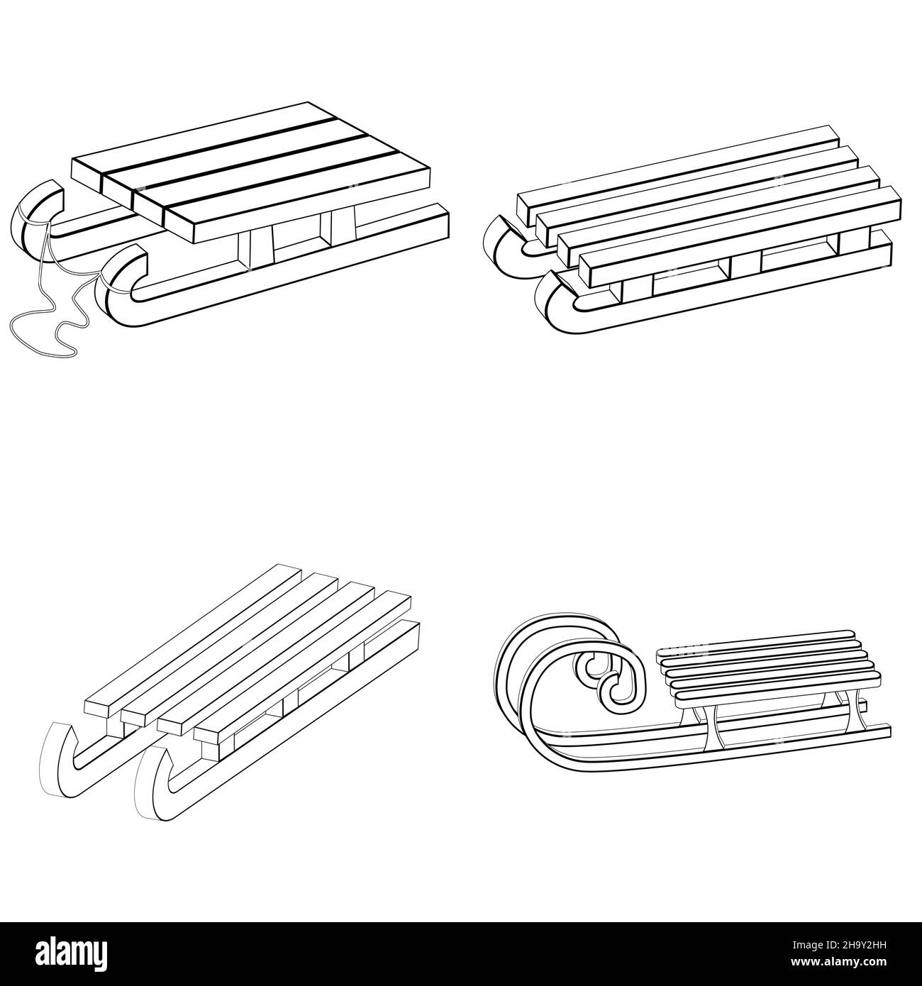 ensemble de contours de chariot.Icône hiver isolée sur fond blanc. Symbole de traîneau pour enfants Illustration de Vecteur