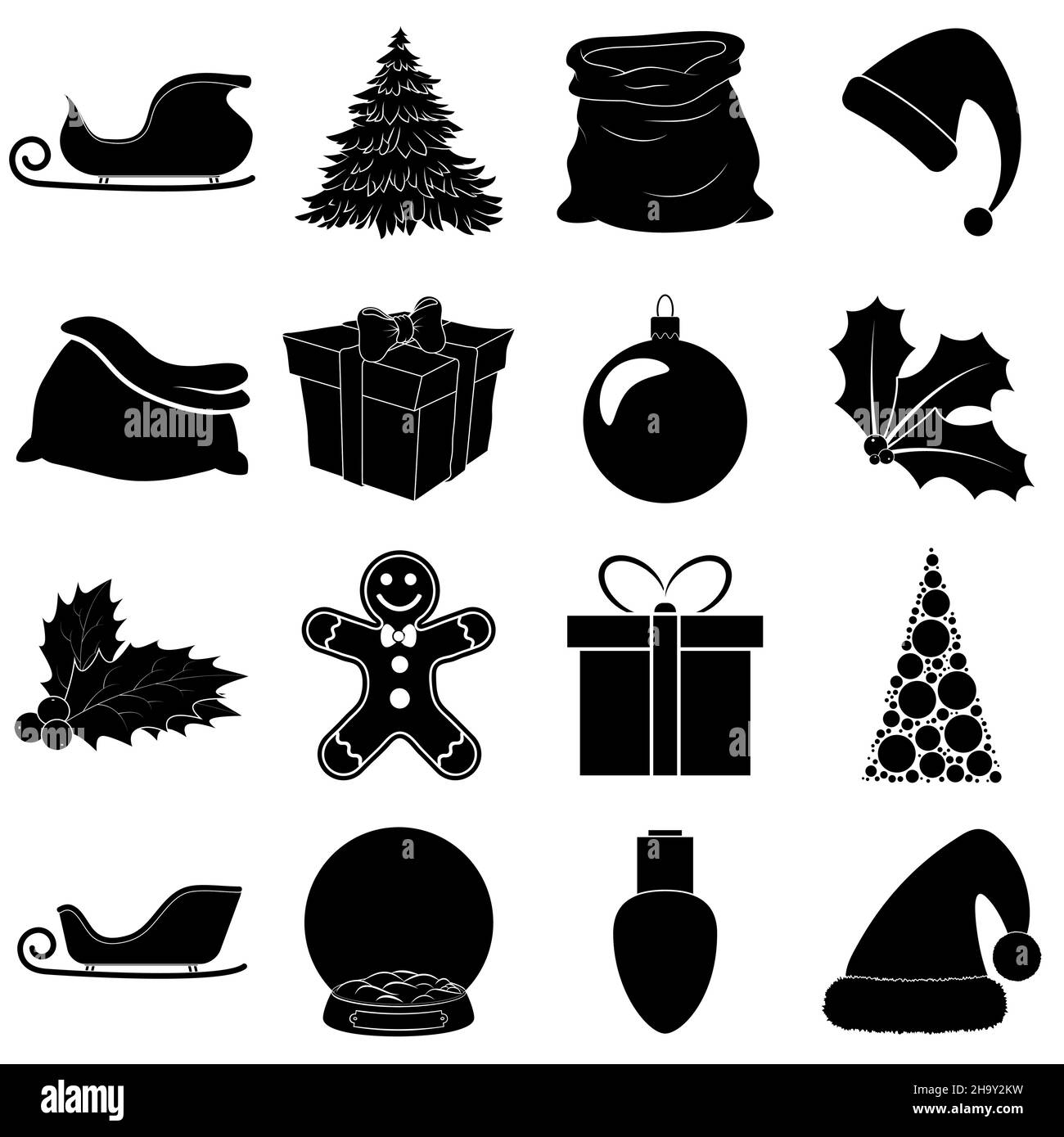 Ensemble d'icônes de Noël.Collection du symbole noir de décembre.Illustration noir et blanc isolée sur fond blanc. Illustration de Vecteur