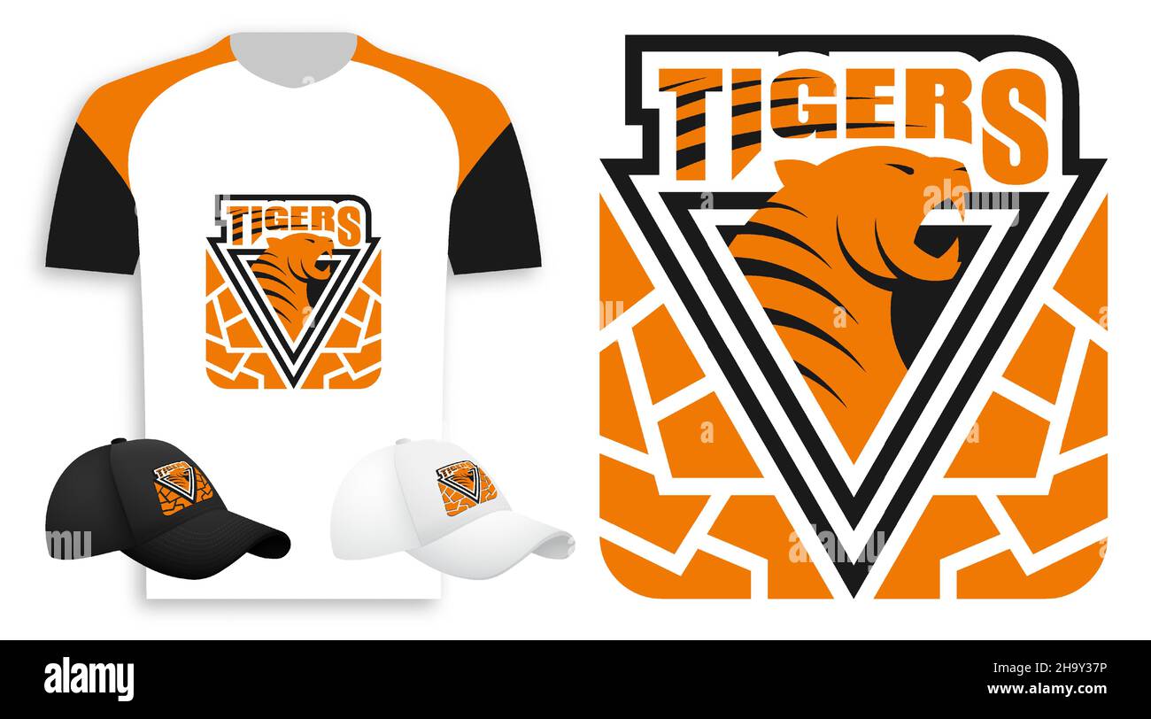 Tête de tigre agressif rugissant dans un triangle avec le nom de l'équipe sportive.Symbole sportif de l'équipe TIGERS pour l'impression sur l'équipement.Vecteur Illustration de Vecteur