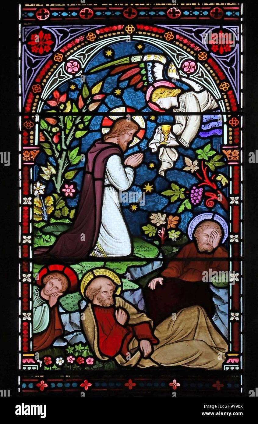 Fenêtre en vitraux de Frederick Preedy représentant Agony in the Garden, St. Mary's Church, Old Hunstanton, Norfolk Banque D'Images