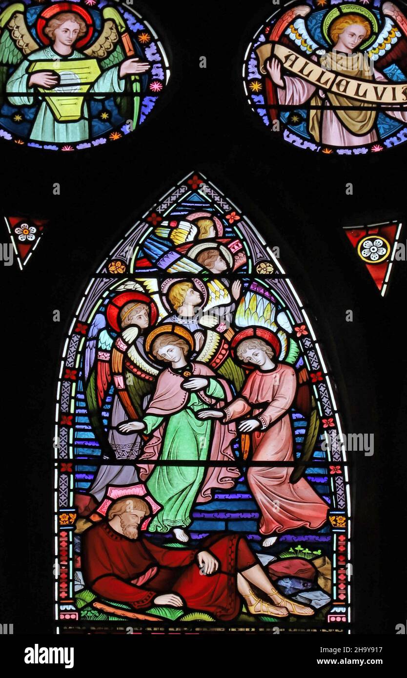 Une fenêtre en vitraux de Frederick Preedy représentant le rêve de Jacob à Bethel, église St Mary's, Old Hunstanton, Norfolk Banque D'Images