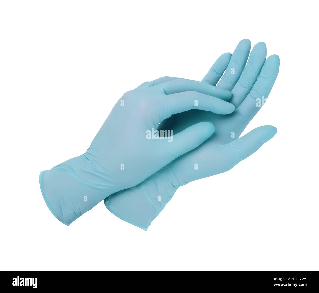 Gants médicaux.Deux gants chirurgicaux bleus isolés sur fond blanc avec les  mains.Fabrication de gants en caoutchouc, la main humaine porte un gant en  latex Photo Stock - Alamy