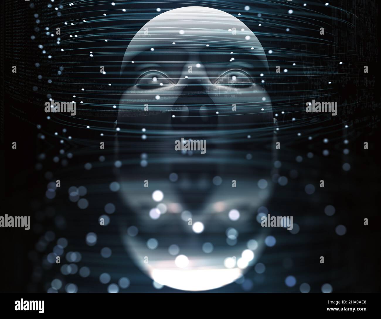 Intelligence artificielle et concept cyborg avec visage et filet. 3d illustration. Technologie et science résumé Banque D'Images