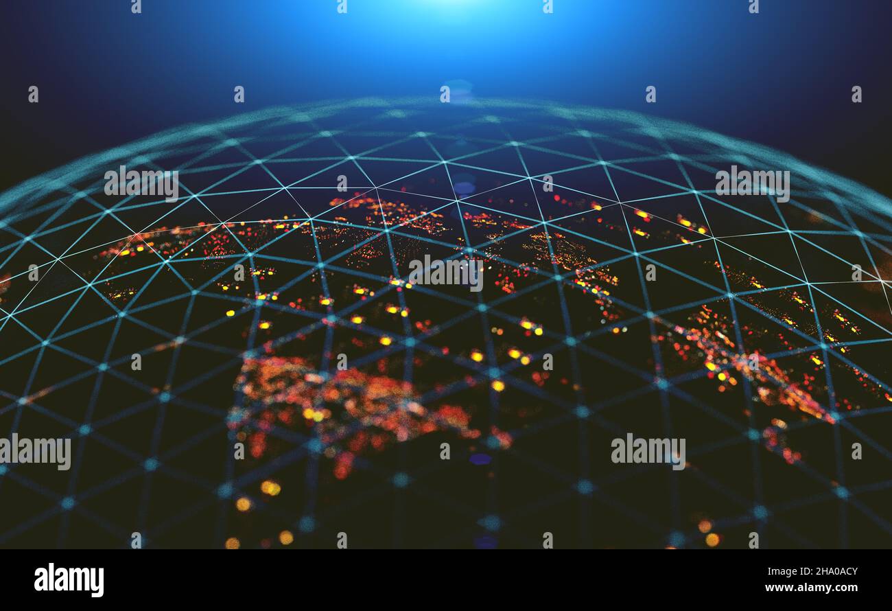 Carte du monde et lumières de la ville. Réseau social mondial et concept Internet. Arrière-plan futuriste avec planète Terre et espace.3D illustration Banque D'Images