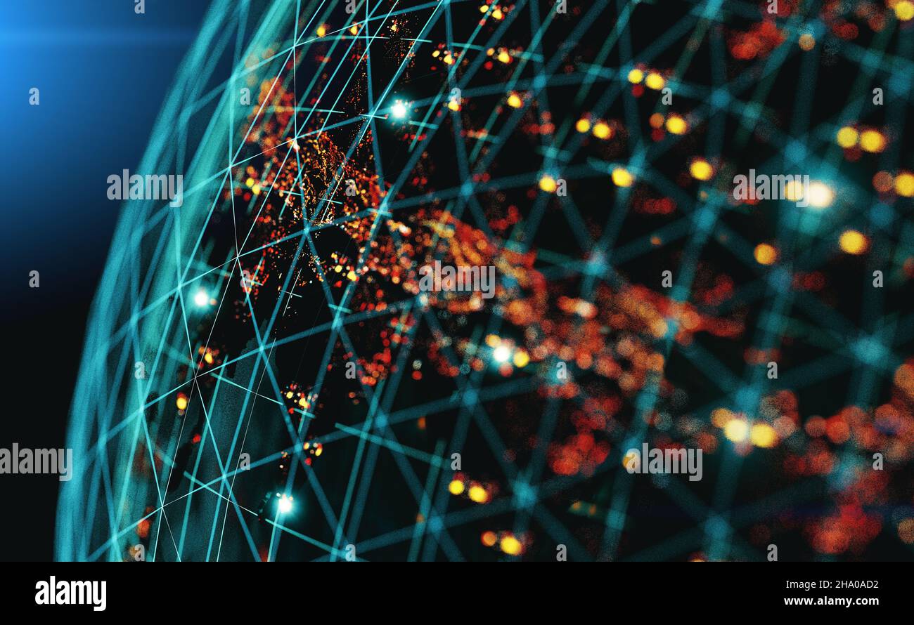 Carte du monde et lumières de la ville. Réseau social mondial et concept Internet. Arrière-plan futuriste avec planète Terre et espace.3D illustration Banque D'Images