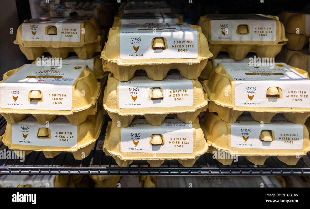 Boîtes d'une demi-douzaine d'œufs britanniques sur une étagère de M&S Foodhall Banque D'Images