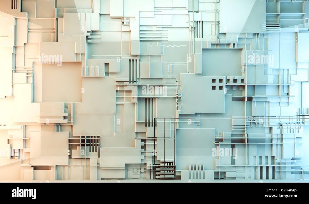 Structure futuriste avec lignes et cubes et formes géométriques.technologie et science fond blanc.3D illustration. Banque D'Images