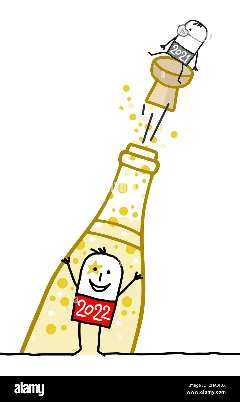 Dessin main Cartoon 2022 Homme avec une bouteille de champagne, et un petit 2021 gars sur le chapeau avec masque Illustration de Vecteur