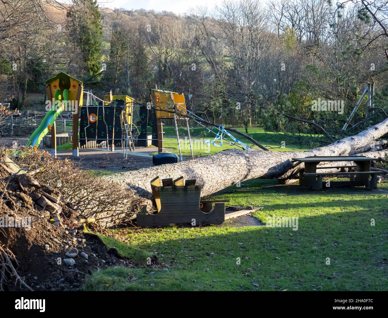 Les arbres du parc Ambleside ont explosé sur le terrain de jeu par Storm Arwen, une tempête extrêmement puissante qui a causé d'énormes dégâts et des pertes de vie. Banque D'Images