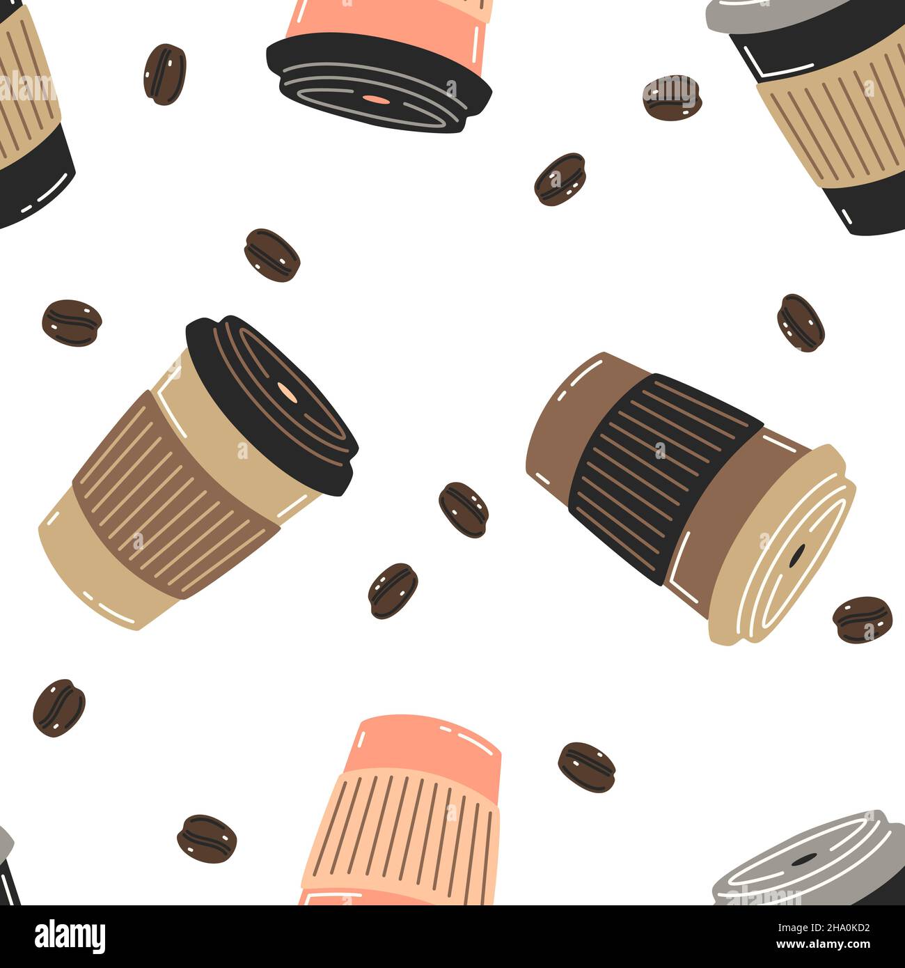 Motif vectoriel sans couture avec tasses en papier colorées de café et de grains de café Illustration de Vecteur