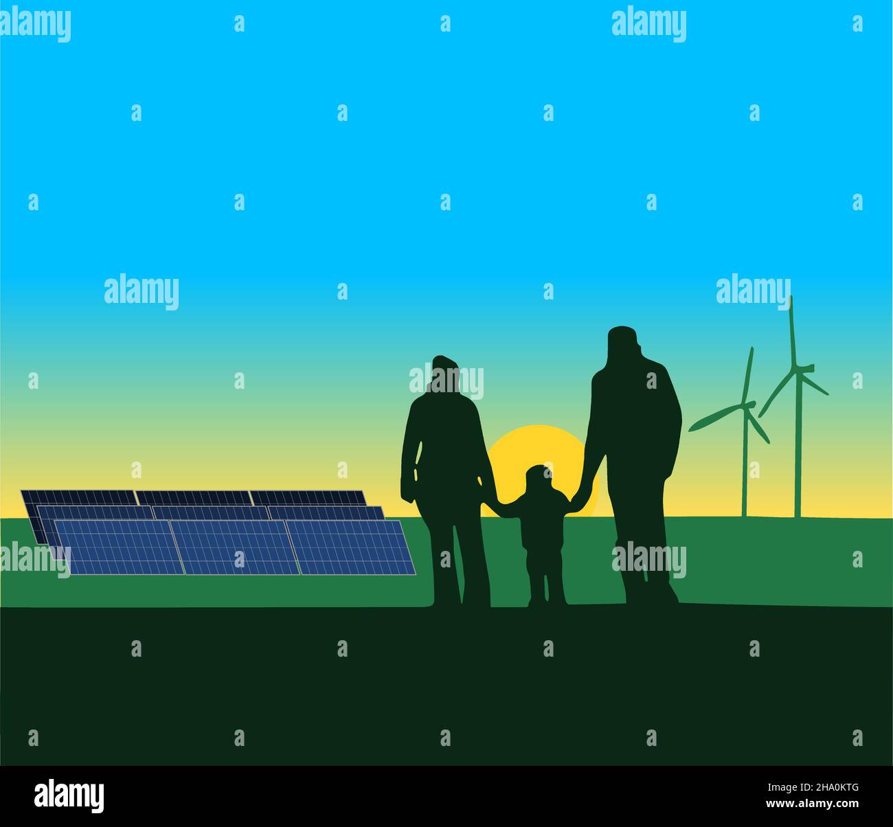 silhouette de famille regardant un paysage de panneaux solaires et de moulins à vent avec un soleil couchant. sources d'énergie renouvelables Illustration de Vecteur